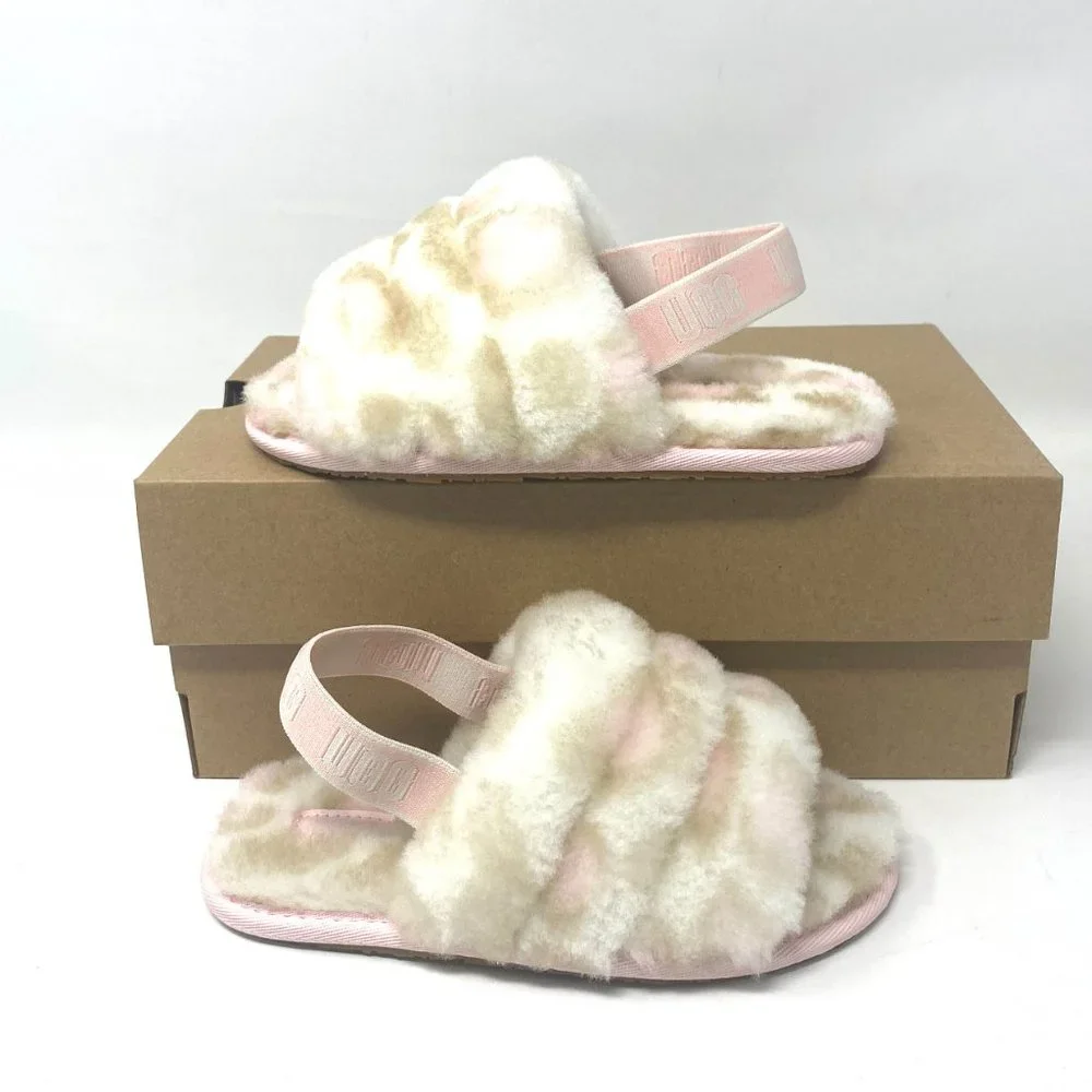 UGG Kids Size 11T 1123641T WHT FLUFF YEAH SLIDE PANTHER PRINT Sandal White Beige - Picture 3 of 9
